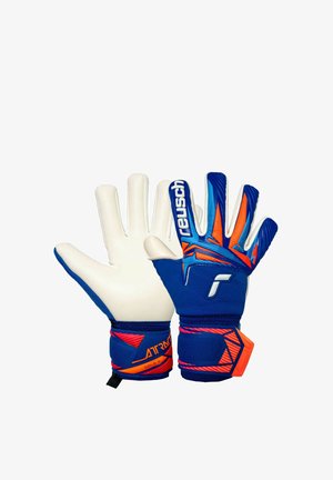 Paire de gants de gardien de but bleus et orange avec paumes blanches, arborant la marque "reusch" et des bracelets de poignet ajustables.