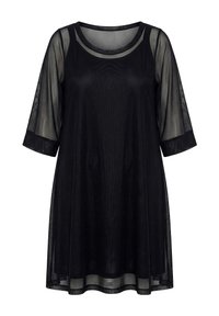 Vestito nero in mesh trasparente con maniche a gomito e scollo rotondo, caratterizzato da un design ampio e stratificato.