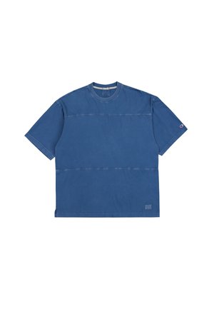 Blue cotton short-sleeve T-shirt with a crew neck, featuring a stitched horizontal seam across the chest and logo detail on the sleeve.