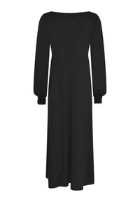 Robe longue noire avec un décolleté bateau, des manches longues avec des poignets froncés et une taille ajustée, fabriquée en tissu lisse.