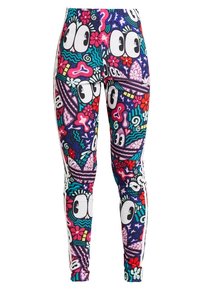 Färgglada leggings med abstrakta ansikten, ögon, blommor, stjärnor och vågiga mönster i rosa, lila, blått, rött och vitt.