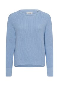 Maglione lavorato a maglia blu chiaro con collo rotondo, maniche raglan lunghe e polsini a costine, caratterizzato da un tessuto testurizzato e una vestibilità rilassata.