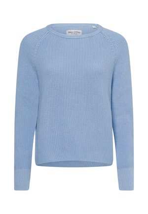 Light blue knitted sweater with a crew neck, long raglan sleeves, and ribbed cuffs, featuring a textured fabric and a relaxed fit.
