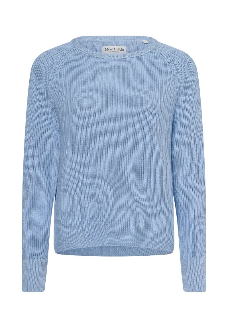 Maglione lavorato a maglia blu chiaro con collo rotondo, maniche raglan lunghe e polsini a costine, caratterizzato da un tessuto testurizzato e una vestibilità rilassata.