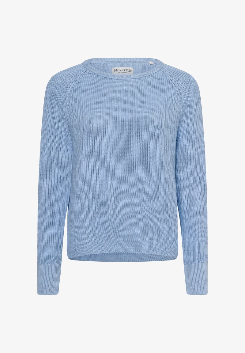 Hellblaue Strickjacke mit Rundhalsausschnitt, langen Raglanärmeln und gerippten Bündchen, aus einem strukturierten Stoff mit lässiger Passform.