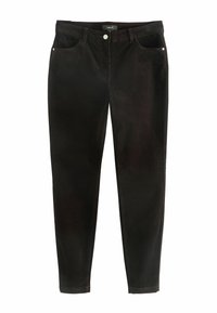 Zwarte denim jeans met een gladde textuur, vijf-pocket ontwerp en een enkele knoopsluiting aan de voorkant. Eenvoudige, slim fit met minimale details.