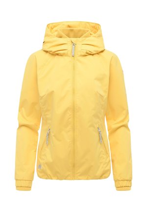Gul hettejakke for kvinner med frontglidelås og glidelåslommer på sidene, elastiske mansjetter og en lett figursydd design.