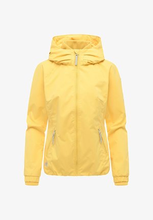 Gul hettejakke for kvinner med frontglidelås og glidelåslommer på sidene, elastiske mansjetter og en lett figursydd design.