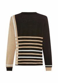 Strickpullover mit einem geometrischen Muster in Schwarz, Beige und Weiß. Mit langen Ärmeln und einem gerippten Saum, einschließlich Streifen und Farbblöcken.