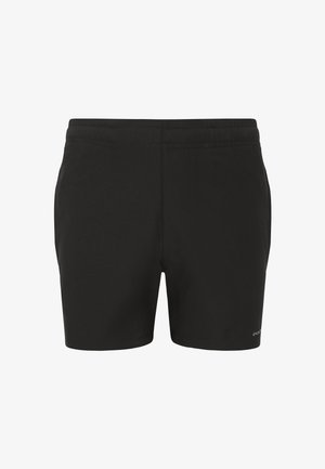 Zwarte sportshorts gemaakt van gladde stof met een elastische tailleband. Heeft een minimalistisch ontwerp, geen zakken en subtiele branding.