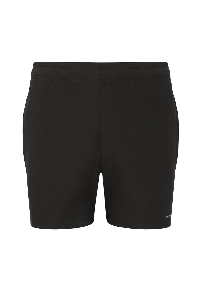 Mustat urheilu shortsit, jotka on valmistettu sileästä kankaasta ja joissa on joustava vyötärö. Minimaalinen muotoilu, ei taskuja ja hillitty brändäys.