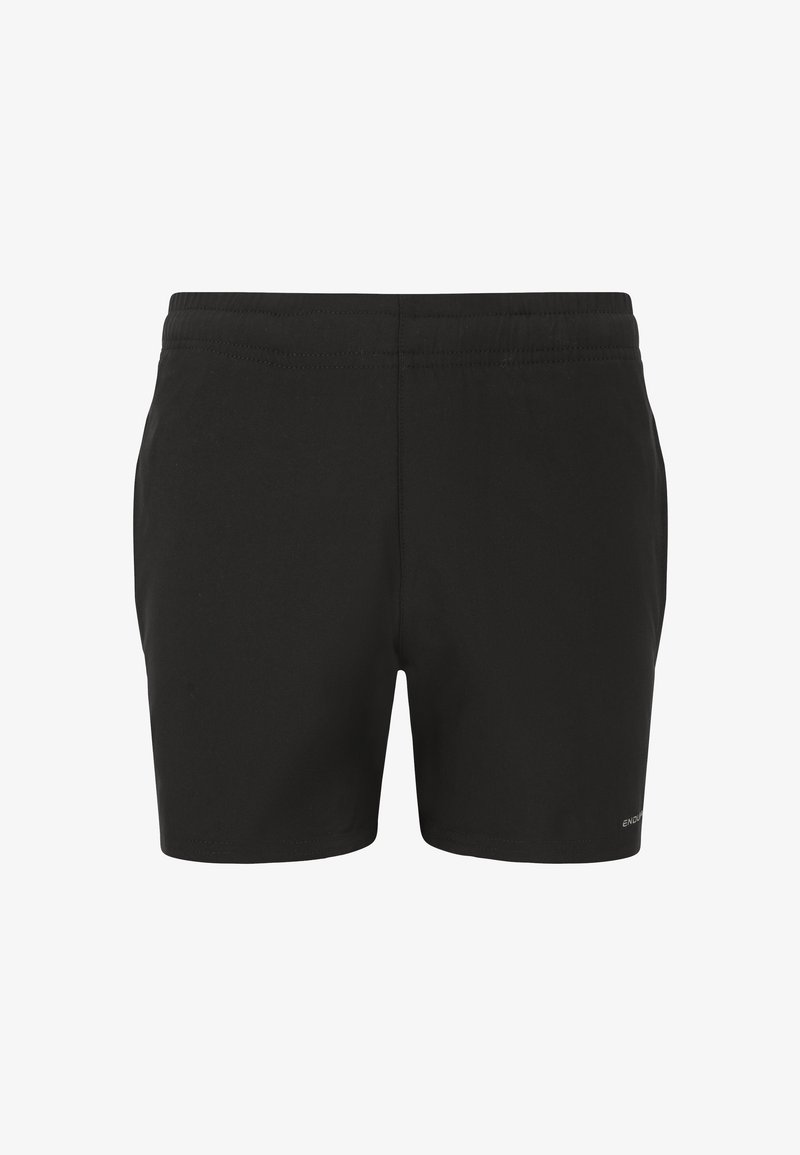 Schwarze Sportshorts aus glattem Stoff mit einem elastischen Bund. Sie verfügen über ein minimalistisches Design, keine Taschen und dezente Markenkennzeichnung.