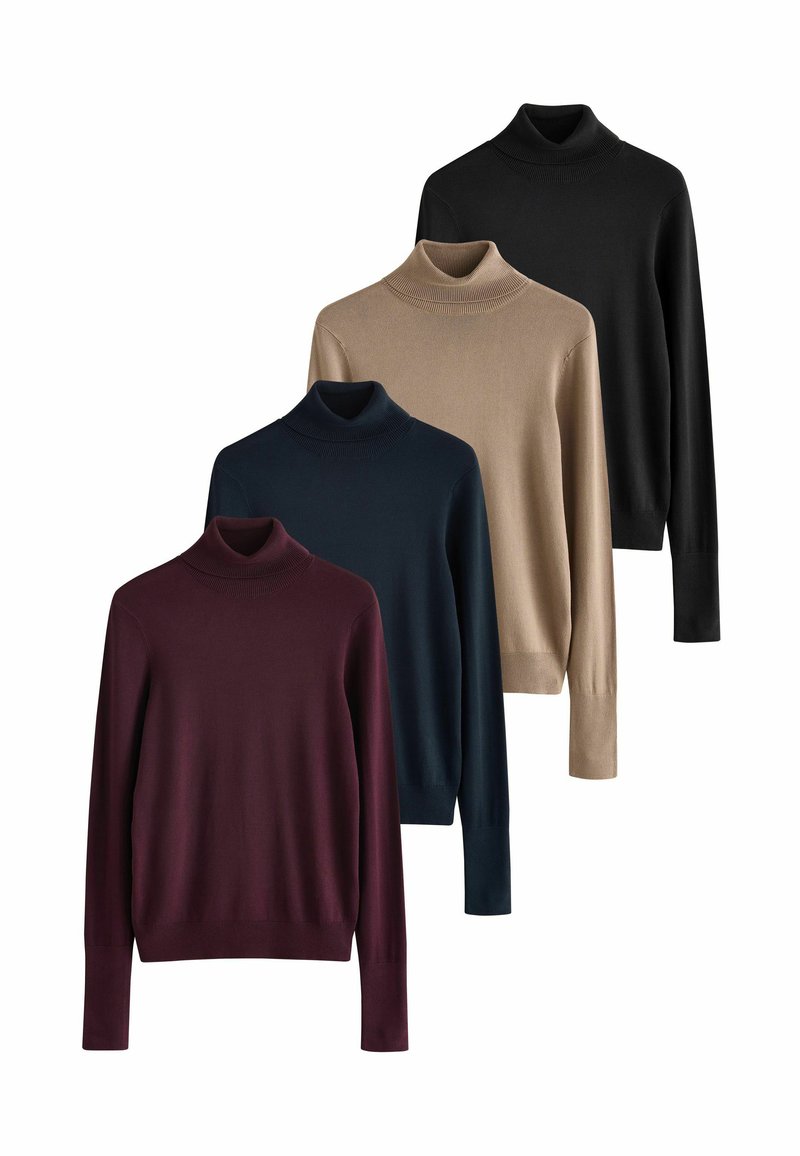 Četri turtleneck džemperi izvietoti rindā: bordo, tumši zils, bēšs un melns. Katram ir ribota apkakle un garas piedurknes.