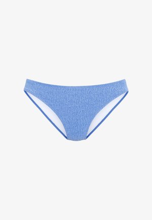 Blauer Bikini-Slip mit strukturierter Optik. Hergestellt aus Stretchstoff mit weißem Futter. Schlichte Form und elastischer Bund.
