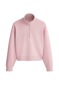 Sweat-shirt rose clair à manches longues avec col, poignets et ourlet côtelés, doté d'une courte fermeture éclair à l'avant et d'une coupe décontractée.