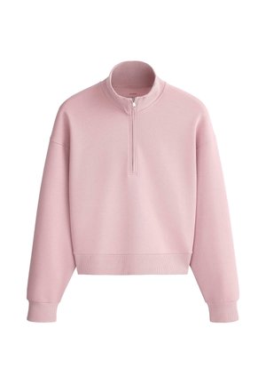 Light pink long-sleeve sweatshirt with ribbed collar, cuffs, and hem, featuring a short front zipper and relaxed fit.