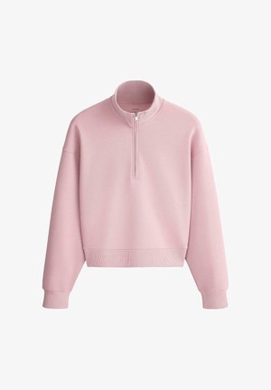 Svetloružová mikina s dlhým rukávom s rebrovaným golierom, manžetami a lemom, so krátkym predným zipsom a voľným strihom.