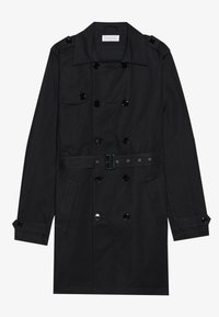 Svart trench coat med dubbelknäppt design, stora framfickor, midja med bälte och blanka svarta knappar. Slät tyg med skräddarsydd passform.
