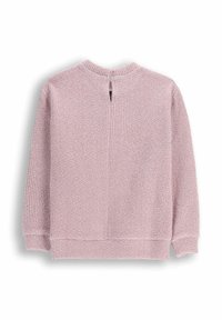 Jasnoróżowy, dziany pulower o teksturowanym wykończeniu, z długimi rękawami i zapięciem na guziki z tyłu. Posiada okrągły dekolt i proste wykończenie u dołu.