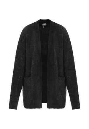 Mustmust, karvane kardigan avatud ees, pikkade varrukatega ja kahe esipocketiga. Valmistatud pehmest materjalist, millel on tekstuuriga viimistlus.