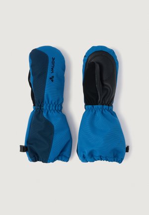 Et par blå og sorte isolerte votter med elastiske håndleddene og greptekstur på håndflaten, merket med "VAUDE"-logo.