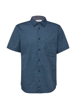 Herren-Kurzarm-Button-up-Hemd in Dunkelblau mit einem dezenten kleinen geometrischen Muster und spitzem Kragen.