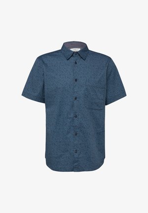 Herren-Kurzarm-Button-up-Hemd in Dunkelblau mit einem dezenten kleinen geometrischen Muster und spitzem Kragen.