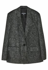 Blazer da donna in bianco e nero con texture, chiusura a un bottone, rever a punta e tasche frontali mit frou. 