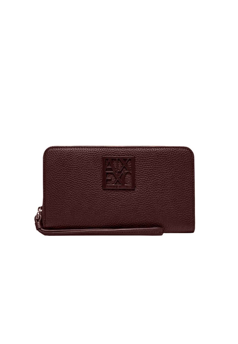 Portafoglio in pelle bordeaux con finitura testurizzata, caratterizzato da un logo in rilievo e un cinturino da polso staccabile per una presa sicura.