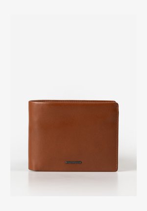 Brown leather wallet with a smooth texture, bi-fold design, and visible stitching. Features a small black logo plate on the front.