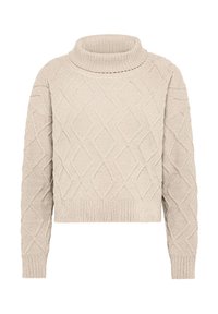 Maglione lavorato a maglia di un leggero colore beige con un colletto alto e un motivo a rombi testurizzato. Vestibilità corta con polsini e orlo a coste.
