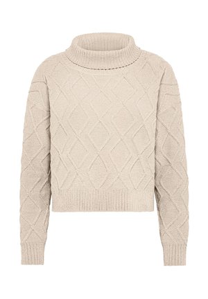 Strikket sweater i en lys beige farve med høj krave og et struktureret diamantmønster. Kortet pasform med ribbede manchetter og kant.