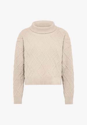 Strikket sweater i en lys beige farve med høj krave og et struktureret diamantmønster. Kortet pasform med ribbede manchetter og kant.