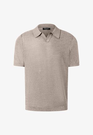 Korte mouw, lichtbruine gebreide poloshirt met V-hals en kraag, gestructureerde stof, merk Maerz.