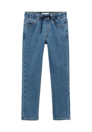 Blauwe spijkerbroeken van denim met een elastische tailleband en trekkoord. Heeft twee voorzakken en een rechte pijpdesign. Glad textuur.