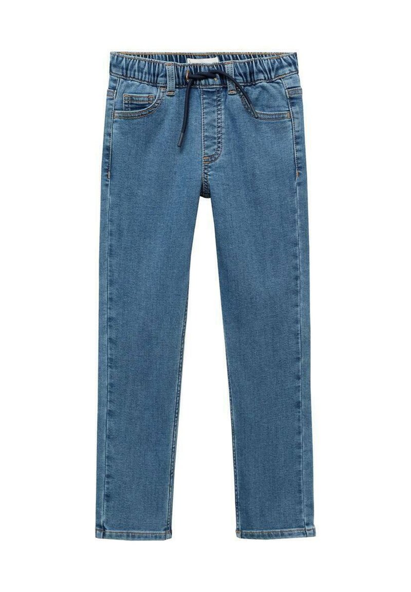 Blå denimjeans med elastisk midja och dragsko. Har två framfickor och rak bendesign. Slät textur.