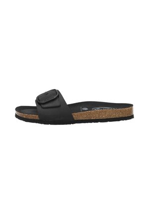 Schwarze Rutsch-Sandale mit einem breiten, dekorativen Schnallenriemen und einem Korkfußbett auf einer strukturierten Sohle.