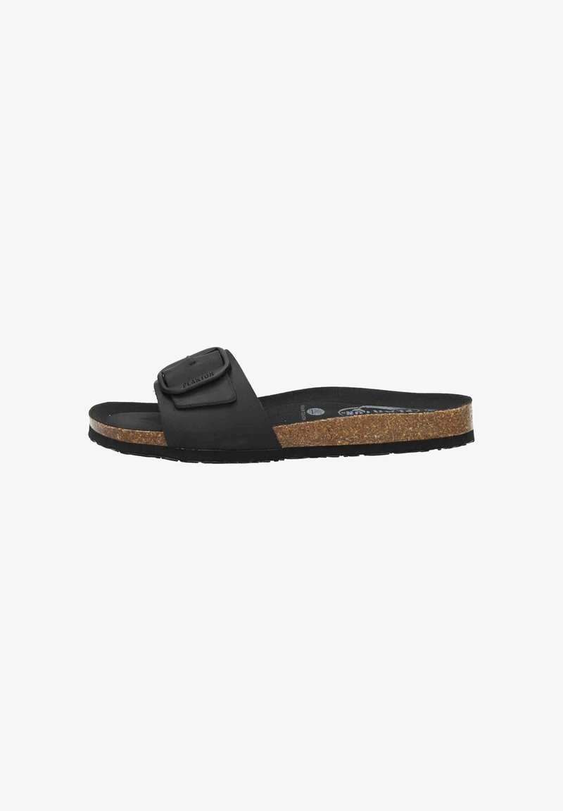 Black slide sandal with a single wide strap featuring a decorative buckle, and a cork footbed on a textured sole.