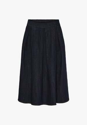 Mørkeblå knælange denimnederdel med plisseringer og en figursyet linning, vist mod en hvid baggrund.