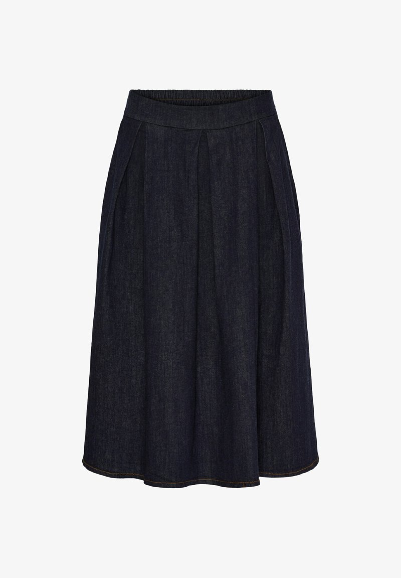 Mørkeblå knælange denimnederdel med plisseringer og en figursyet linning, vist mod en hvid baggrund.