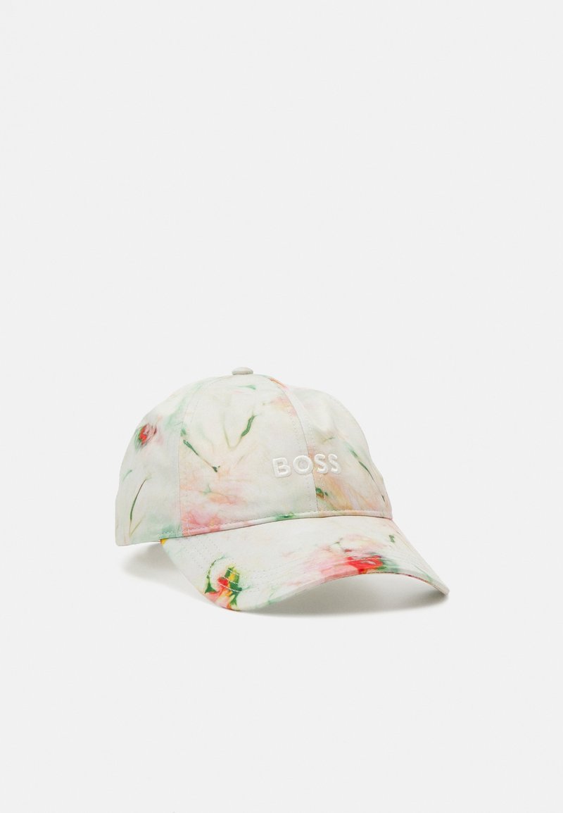 Casquette avec un motif floral pastel clair, une visière incurvée et "BOSS" brodé en blanc au centre avant.