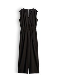 Ärmelloser schwarzer Jumpsuit mit V-Ausschnitt, elastischer Taille, weitem Bein und Reißverschluss hinten, auf weißem Hintergrund dargestellt.