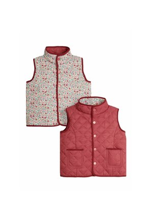 Gilet reversibile con una stampa floreale da un lato e un design trapuntato bordeaux solido dall'altro, con colletto rialzato e tasche frontali.