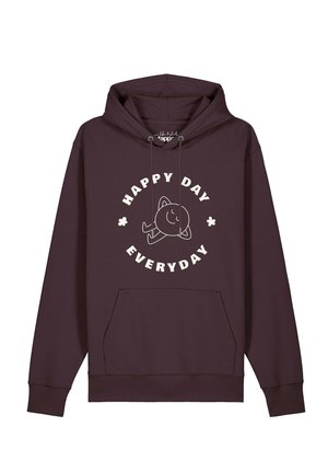 Dunkellila Kapuzenpullover mit Fronttasche und Kordeln, mit einer Illustration einer lächelnden Katze und dem Text „"Happy Day Everyday"“ mit kleinen Blumen-Symbolen.