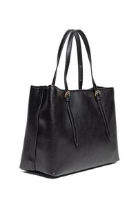 Borsa tote in pelle nera con una forma strutturata, doppi manici e dettagli in metallo dorato. Texture liscia con dettagli di cucitura puliti.