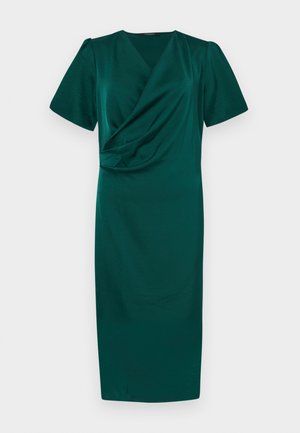 Türkisfarbenes knielanges Kleid mit Wickeldesign, kurzen Puffärmeln und glatter Textur. Verfügt über einen tiefen V-Ausschnitt und Raffung an der Taille.