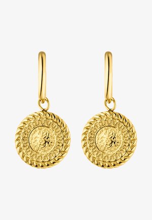 Boucles d'oreilles en or avec des pendentifs ronds en forme de pièce de monnaie, présentant des motifs en relief, des détails en corde élaborés sur les bords et une finition lisse et polie.