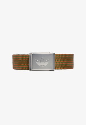 Woven belt with green and orange stripes, featuring a silver metallic buckle embossed with a trefoil logo. Textured fabric is durable.