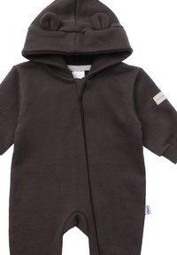 Brown cotton onesie with a hood, featuring two rounded ears, front zipper closure, and short sleeves. Includes a small label on the sleeve.