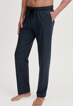 Marineblauwe pyjamabroek met een elastische tailleband, verstelbare trekkoorden, zijzakken en een geometrisch ontwerp in lichtere tinten.